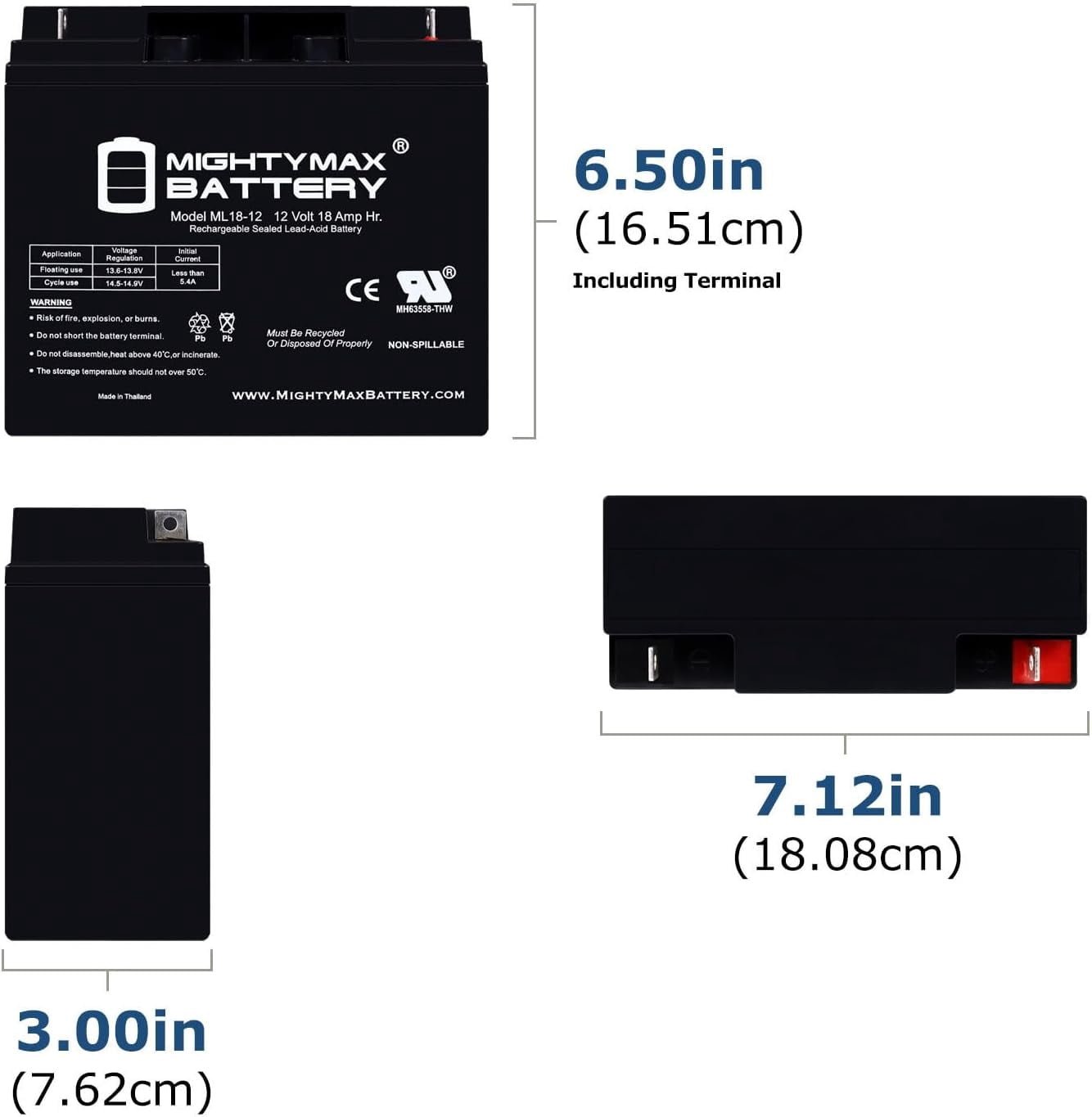 ML18-12 - 12 Volt 18 AH, Nut and Bolt (NB) Terminal, Rechargeable SLA AGM Battery