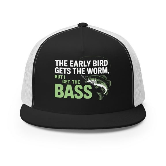 Flat Bill Fishing Hat – The Early Bird Gets the Worm but I Get the Bass – Funny Trucker Hat for Men – Lake Life Hat – Outdoor Fishing Gift (Black/ White)