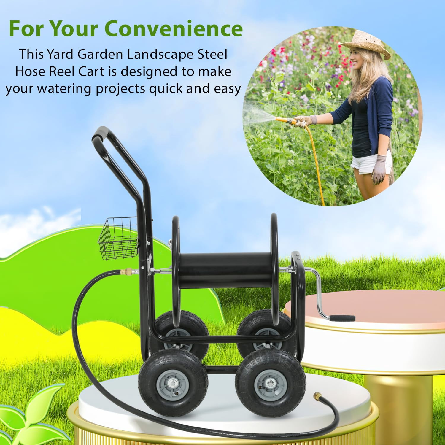 300ft Heavy Duty Hose Reel Cart - Steel Garden Water Hose Storage Cart with 8" Wheels, Foam Grip Handle, Outdoor Yard Hose Reel for Lawn & Garden (Black)