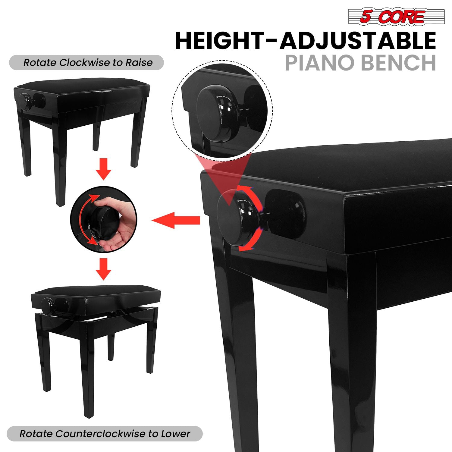 5 CORE Adjustable Piano Bench Thick 3.25" Padded Solid Wood Keyboard Bench Heavy Duty Stool Super Stable Musician Chair