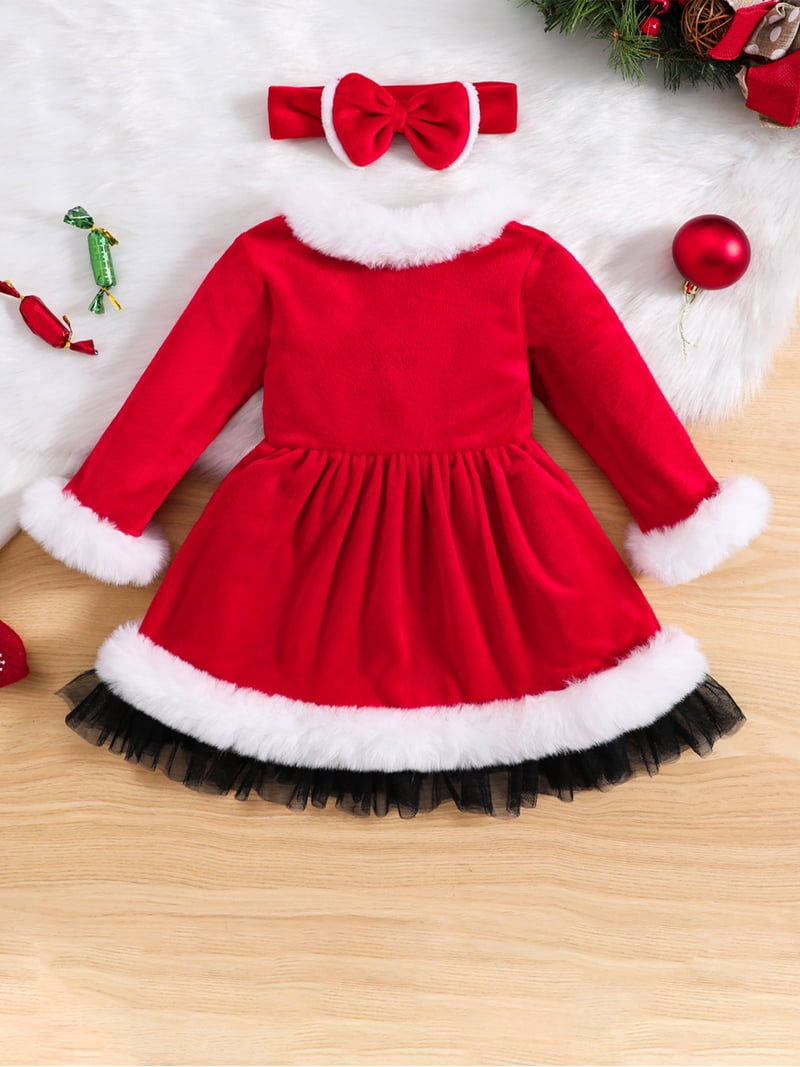 Toddler Baby Girl Christmas Dress Santa Claus Dress Red Velvet Long Sleeve  Tulle Princess Dress with Headband Outfit - Walmart.com