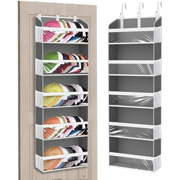 Over the Door Hat Organizer & Rack - Holds 60 Baseball Caps, Hat Storage for Closet Door Wall with 10 Clear Mesh Pockets, Grey