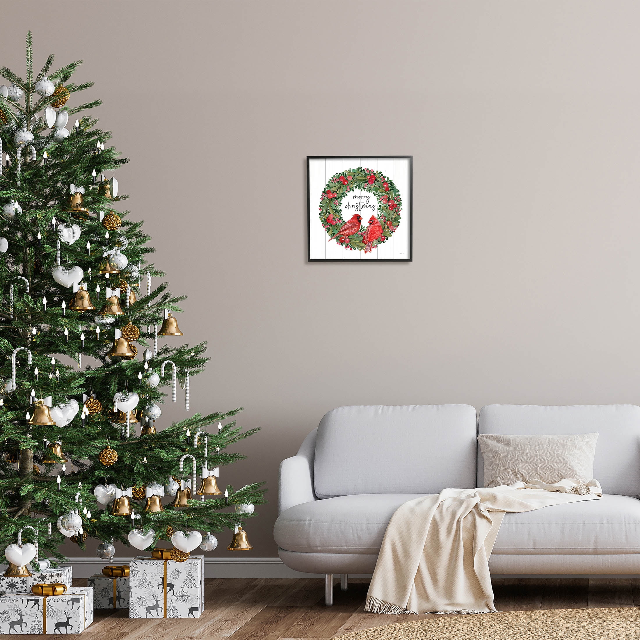 Merry Christmas Red Cardinal Wreath Holiday Graphic Art Black Framed Art Print Wall Art