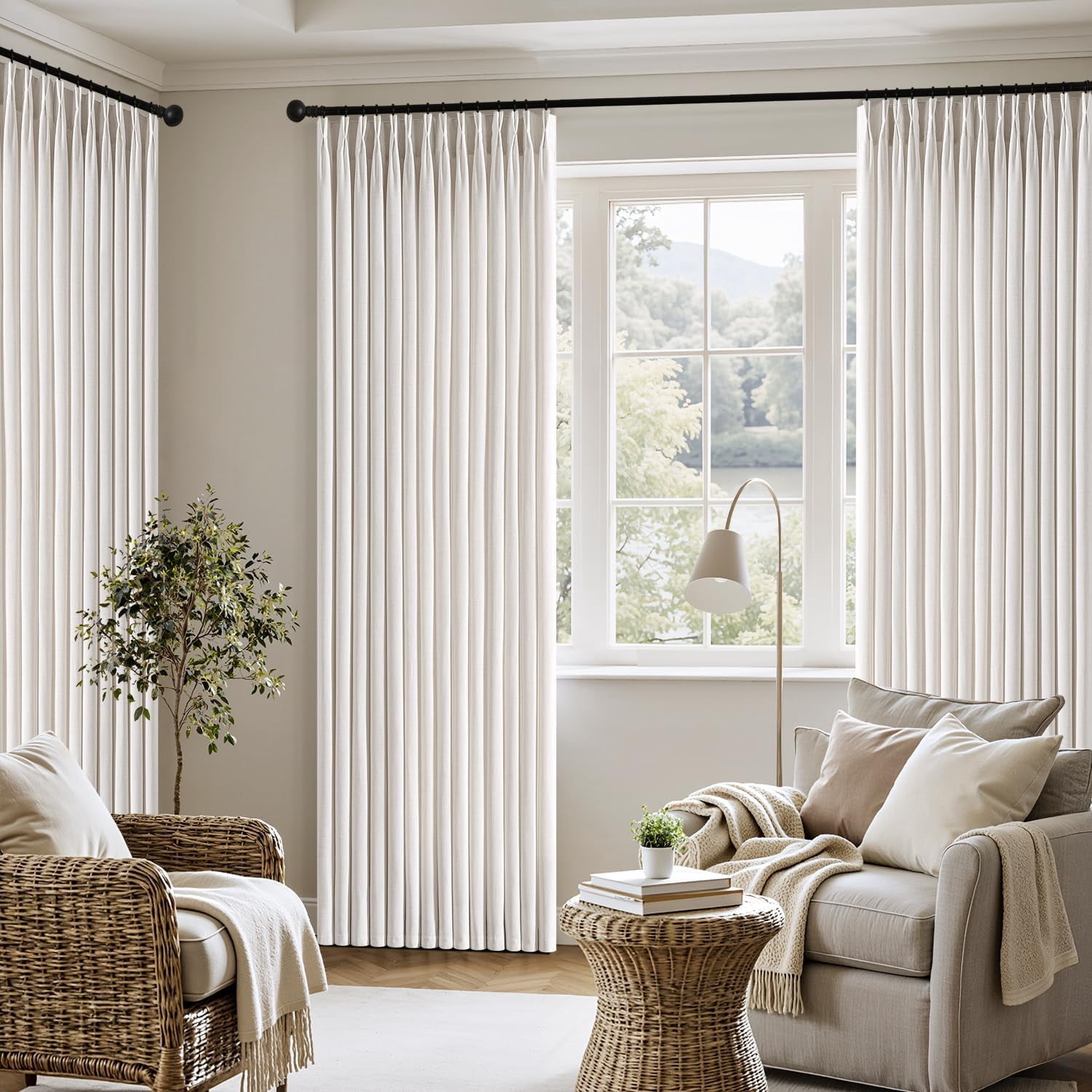 Pinch Pleated Thick Linen Curtains 84 Inch 4 Panels Set Back Tab Memory Trained Pinch Pleat Semi Sheer Light Filtering Curtains Let Light in Window Drapes for Living Room Bedroom Beige White