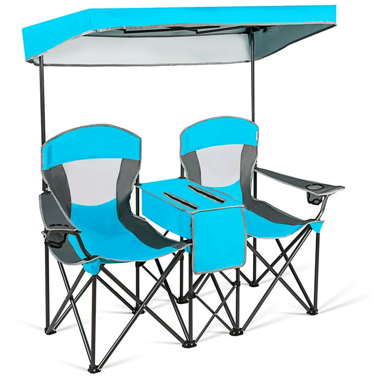 Gymax Folding 2-Person Outdoor Chairs, Adjustable Canopy, Cooler