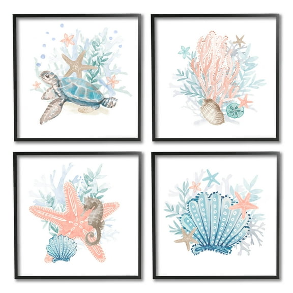 Various Sea Life Nautical Coral Reef Animals & Insects Graphic Art Black Framed Art Print Wall Art, Set of 4