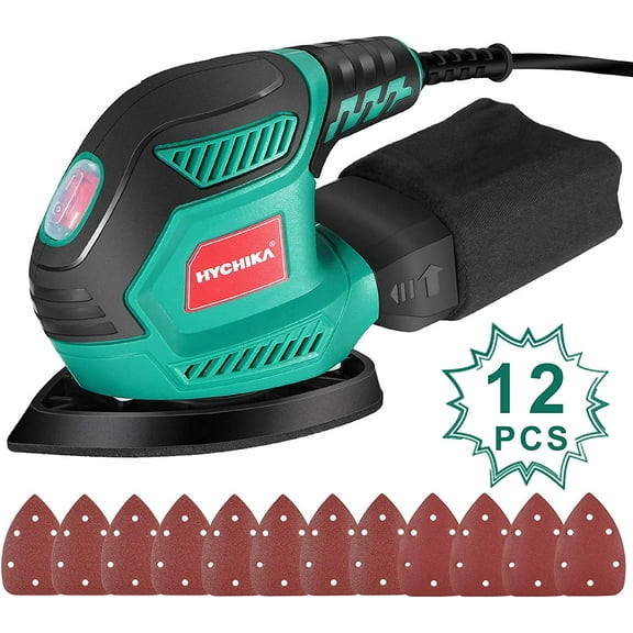 HYCHIKA Detail Sander, 14,000 OPM Compact Electric Sander Tool with 12 Pcs Sandpapers,Efficiency Dust Collection System,Suitable for Tight Spaces Sanding,Polishing,Removing Paint in Home Decoration