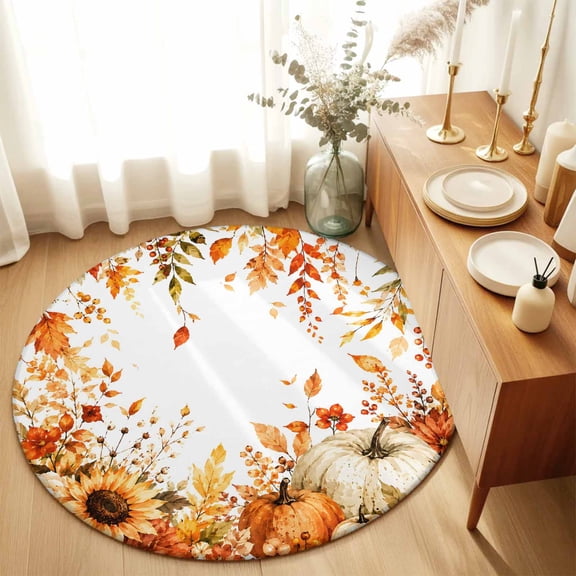 Round Rugs 5Ft, Fall Thanksgiving Round Area Rug Washable Indoor Throw Carpet, Eucalyptus Leaves Floral Botanical Soft Non Slip Circle Rug for Cabinet Bathroom Home Decor Aesthetic