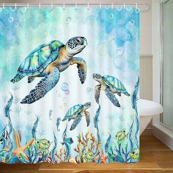 Sea Turtle Shower Curtain Coastal Beach Decoration Nautical Shower Curtains for Bathroom, Blue Ocean Teal Fabric Bath Curtains Set with 12 Hooks, 72X72in