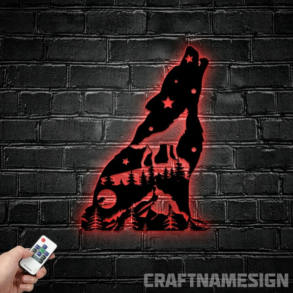 Craftnamesign Wolf On The Srescent Moon Sunflower Metal Wall Art LED Light, Howling Wolf Metal Sign