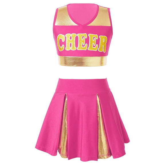 iEFiEL Kids Girls Patchwork Style Cheer Leading Dance Costume Uniform V Neck Crop Top with Pleated Skirt Outfit