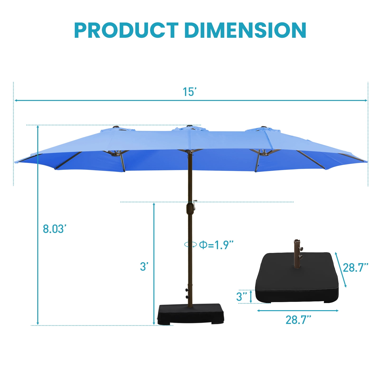 Aoodor 15ft Large Patio Umbrella with Base Stand, Outdoor Double-Sided Rectangle Umbrella - Blue