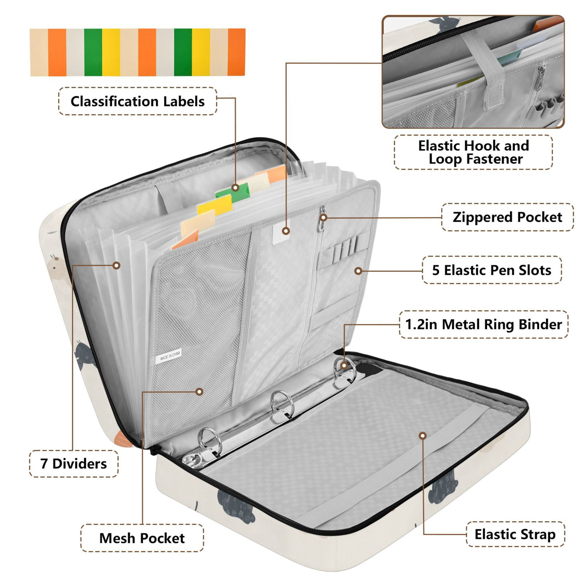 FORMRS Accordion File Folder A4 Size 7-Pocket Expanding Document Organizer Bag with 3 Ring Binder, Bunnies and Carrots