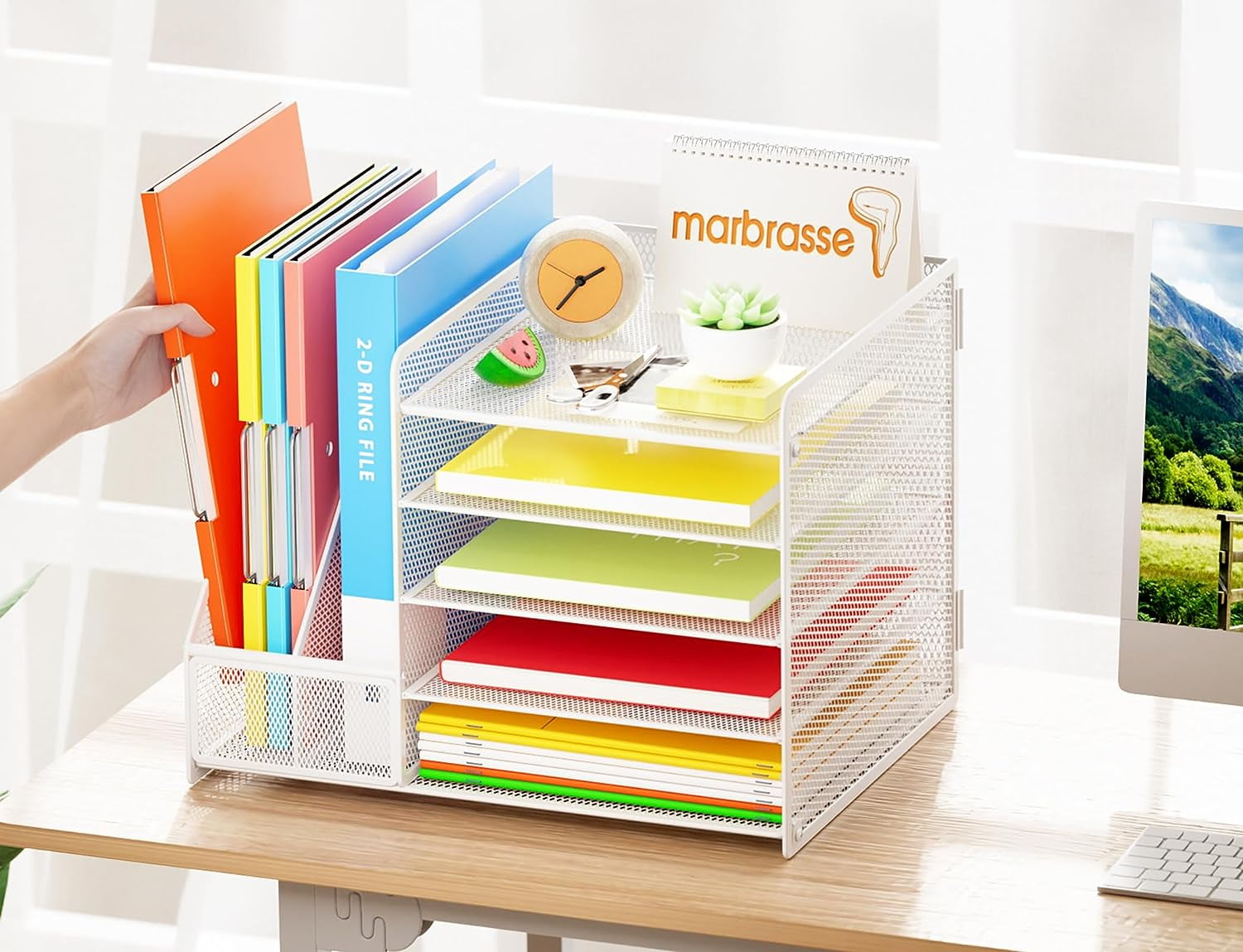 Marbrasse Desk Organizer with File Holder, 5-Tier Paper Letter Tray Organizer, Mesh Desk Organizers and Accessories with Magazine Holder, Desktop Organizer and Storage for Office Supplies (White)