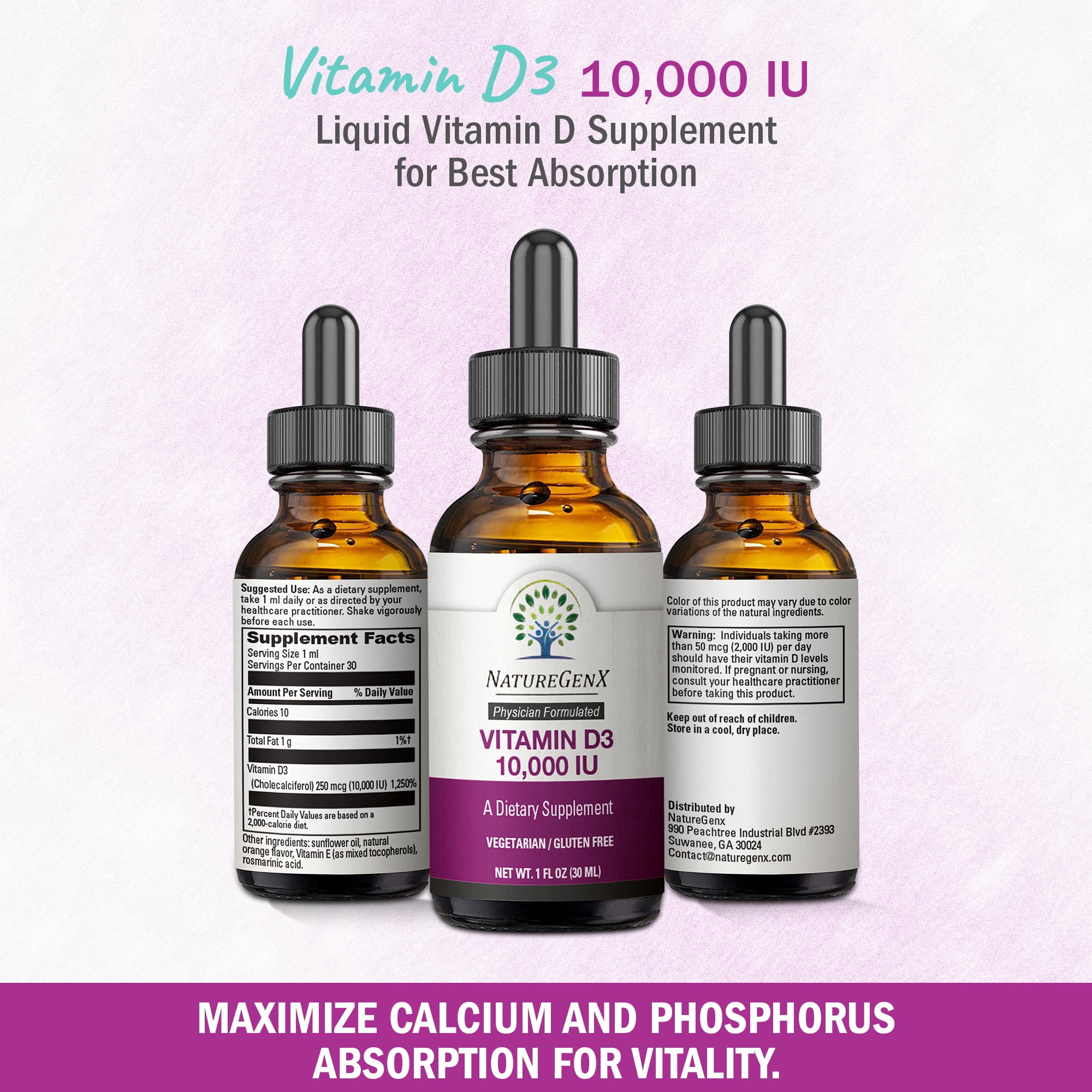NatureGenX Vegan Vitamin D3 Liquid Drops – 10,000 IU Plant-Based Supplement for Immune Support & Bone Health – Non-GMO, Gluten-Free, Orange Flavor – 30ml (30 Servings)