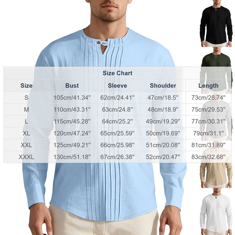 Mens Linen Long Sleeve Shirt Pintuck Pleated Front Band Collar