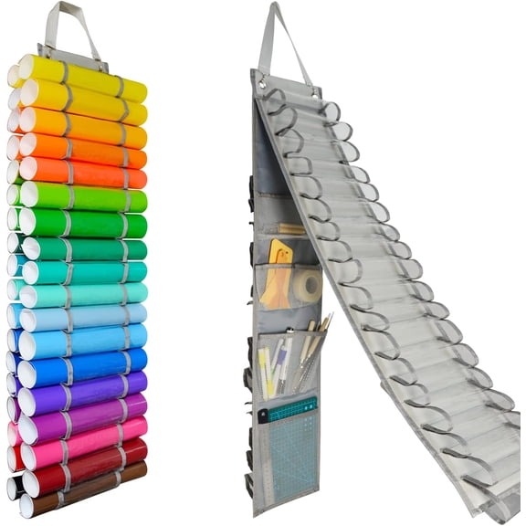 Vinyl Roll Holder - 36 Compartments Storage Organizer with 7 Mesh Pockets Storage, Wall Mount/Over The Door 2 Hooks and Hanging Straps (Grey)