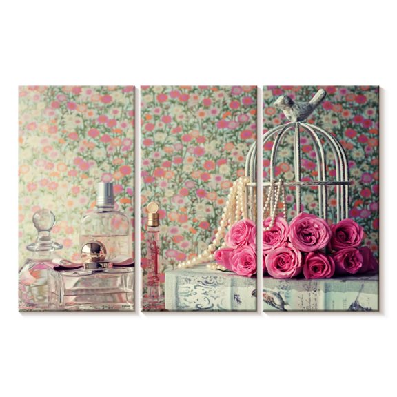Elephant Stock Rose Birdcage Wall Art - Horizontal Multi Panel Canvas - Living Room Wall Decor - Decor Elements Multi Panel - Beige And Gray Decor - 33" x 20"