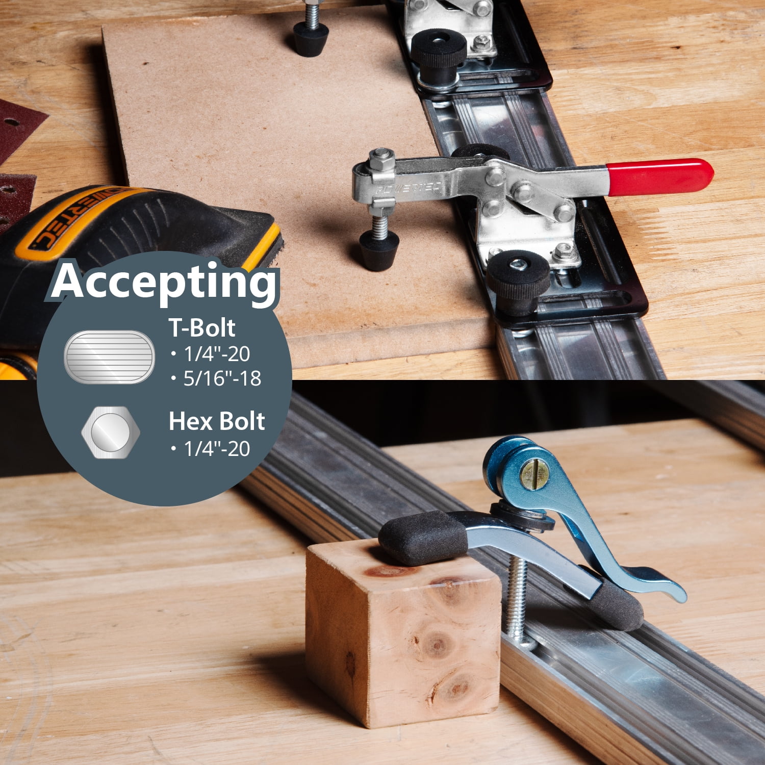 POWERTEC 50 Inch Circular Saw Guide/Straight Edge Guide for Circular Saw, Router Tool and Jig Saw, Saw Guide with Toggle Clamp Mounting Plate and 4-pc Quick Release Vertical Toggle Clamps (72053)