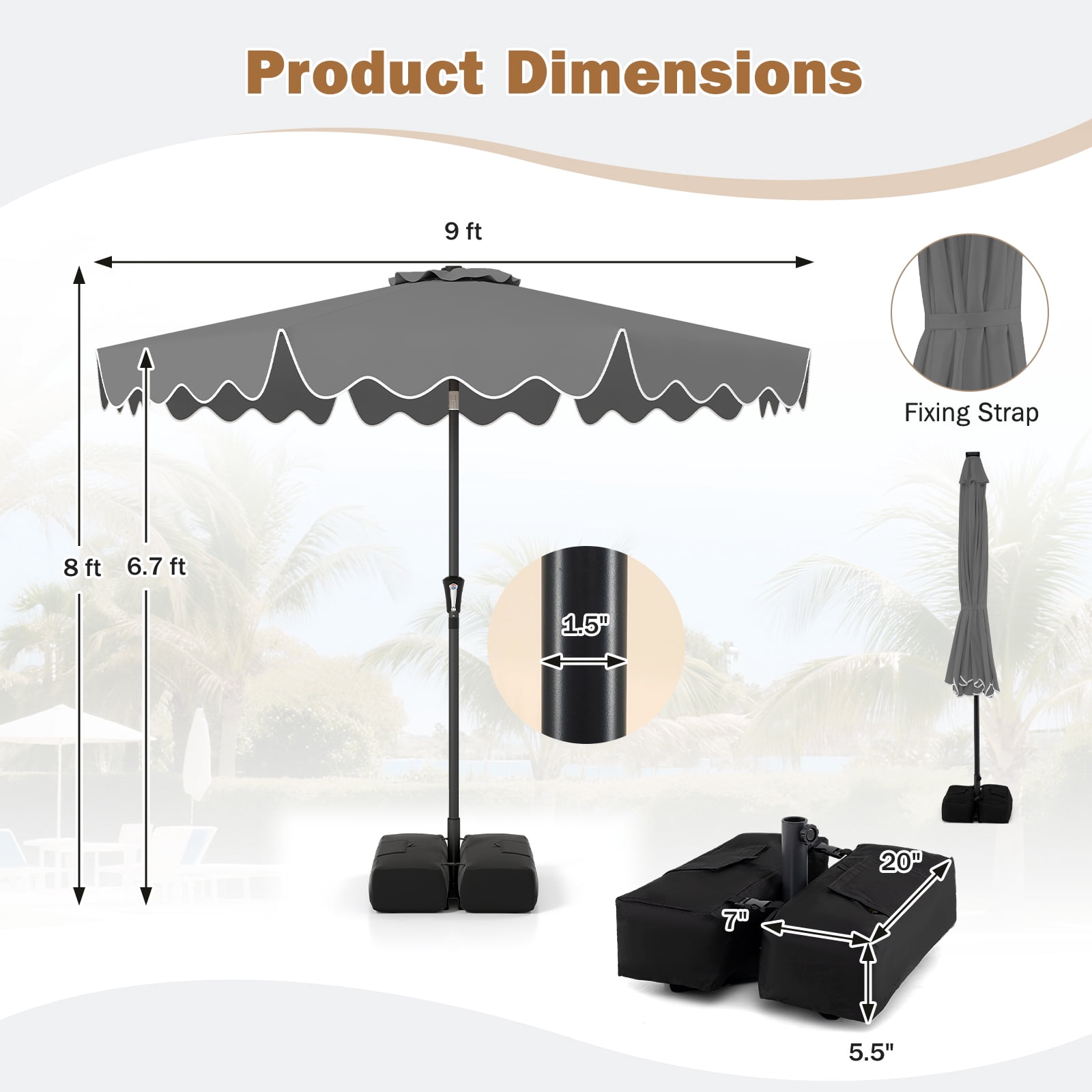 Costway 9 FT Patio Umbrella with Weighted Base Sandbags Push Button Tilt Crank Sturdy Ribs Gray