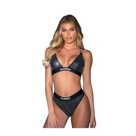 Roma Costume Playboy Disco Fever Rhinestone & Spandex Lingerie Underwear Bra Top & Thong Panty 2 pc Set  Black (Women s)