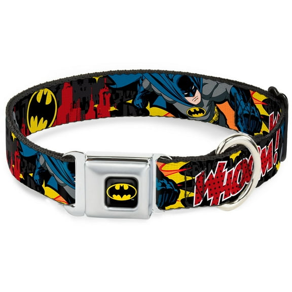 DC Comics Pet Collar, Dog Collar Metal Seatbelt Buckle, Batman In Action Whoom Red Skyline, 11 to 16.5 Inches 1.0 Inch Wide