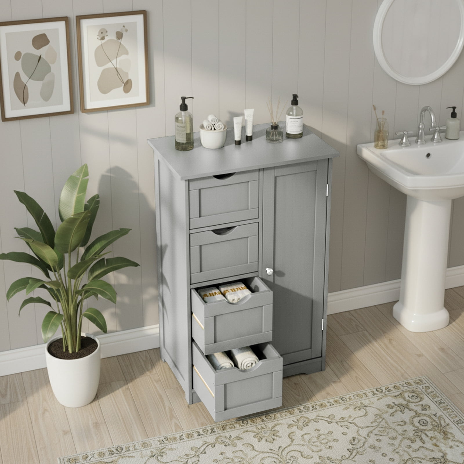 Ktaxon Wooden Bathroom Floor Cabinet, Side Storage Organizer with 4 Drawers, 1 Cupboard & 2-Shelves, Gray