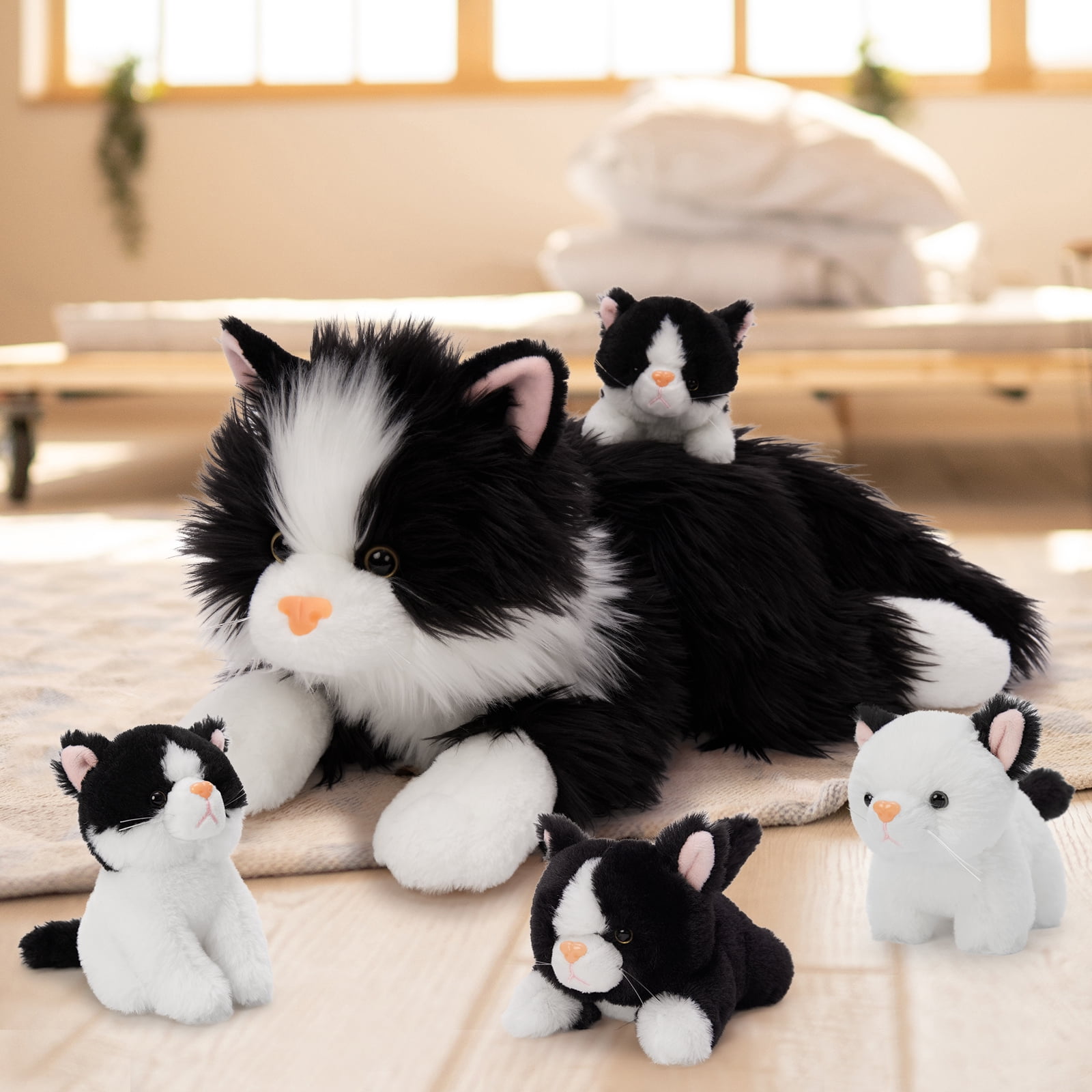 MorisMos 20" Cat Stuffed Animal, Realistic Stuffed Cat with 4 Kittens Baby Plush Toys