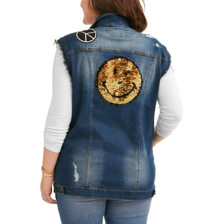 DH by Dollhouse Junior's Plus Reverse Sequin Smiley Face Denim Vest
