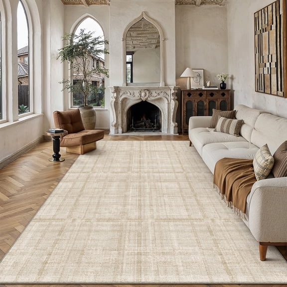 BERTHMEER 8'x10' Area Rugs for Living Room Large Beige Plaid Modern Geometric Rugs for Bedroom Office Machine Washable Farmhouse Dining Room Rugs Non Slip Contemporary Carpets