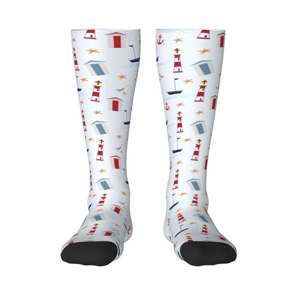 Honeii Nautical Lighthouse Sailboat Print Long Socks,Novelty Design Socks Gift for Men and Women,Crew Socks,Calf Socks