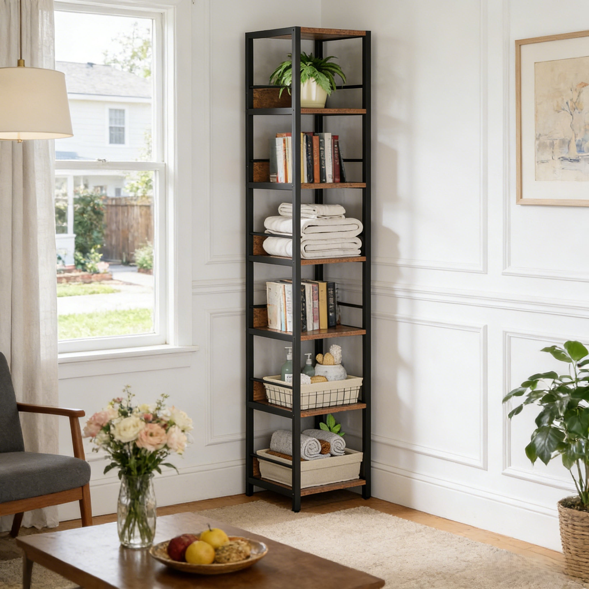 Fnova 75" 6-Tier Corner Bookshelf, Tall Narrow Rustic Wood Open Storage Rack, Square Bookcase Display Stand for Small Spaces in Living Room, Bathroom