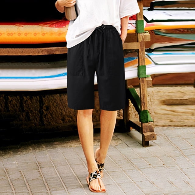 Meichang Womens Casual Cotton Linen Shorts with Elastic Waisted Drawstring Front Shorts Solid Half Shorts Pants Loose Fit Summer Casual Beach Shorts with Pockets