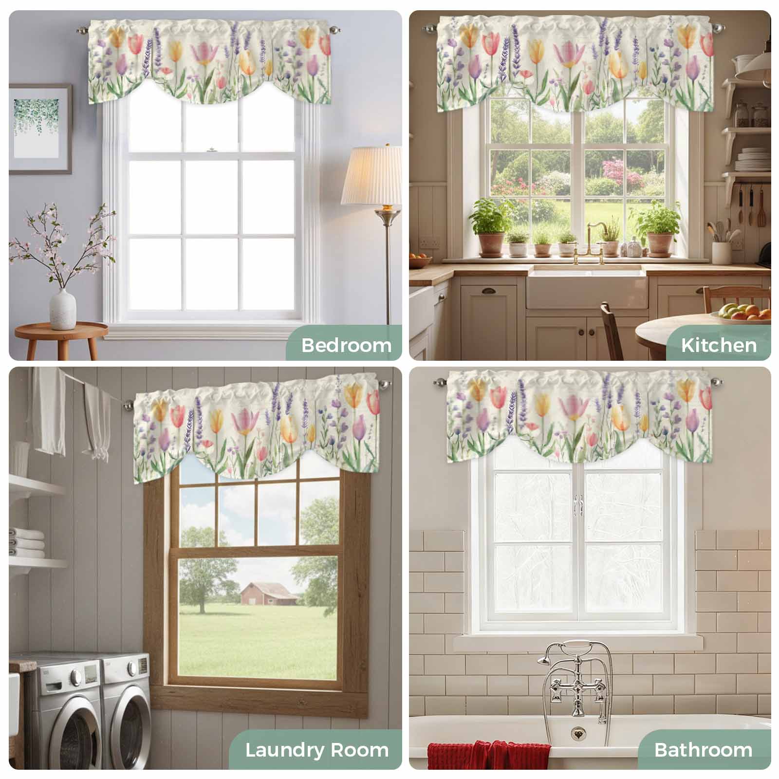 Spring Tulip Tie Up Valances Curtain, Colored Flower Plant Linen Texture Adjustable Rod Pocket Short Window Treatment Tie Up Curtains Valances for Kitchen Living Room Bathroom 54x18 Inches