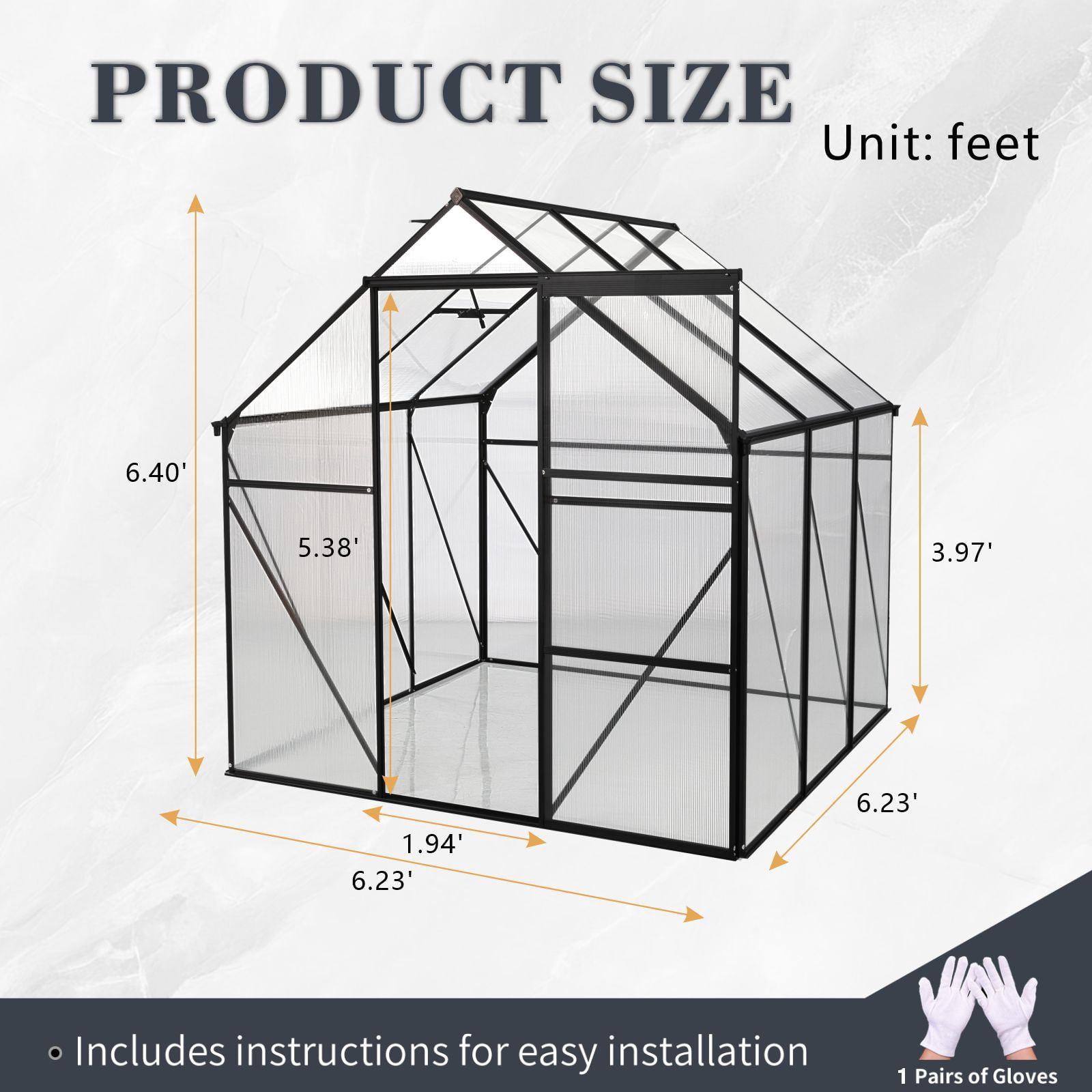CarButler 6x6ft Polycarbonate Greenhouse Heavy Duty Walk-in Garden House with Sliding Door and Vent for Outdoor Garden Backyard Black