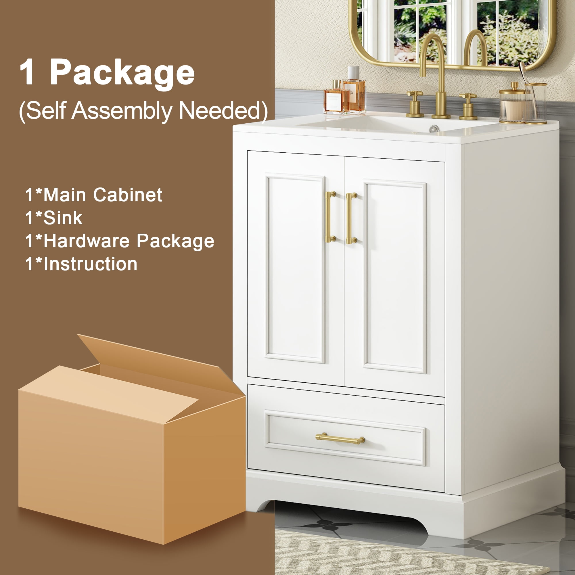 24" Durable Solid Wood Frame Bathroom Vanity with Storage, Modern Minimalist Bathroom Vanity with Ceramic Sink, Freestanding Storage Cabinet with Soft Close Doors for Bathroom Organization, White