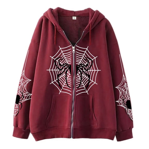 Women Spider Web Zip Up Hoodie Retro Casual Streetwear Sweatshirt With Hood Daily Jacket Outerwear Top