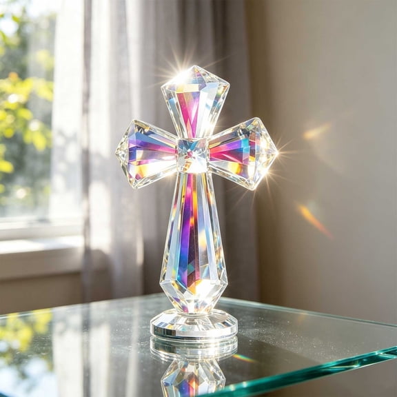 Religious Table Figurine,Faceted Crystal Standing Cross Stable Round Base Light Reflect Craft,Faith Decor Ornament for Prayer Corner Desk Mantel Space