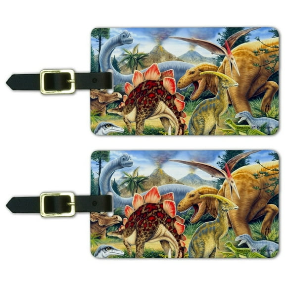 Dinosaurs Jurassic Collage T-Rex Stegasaurus Luggage ID Tags Suitcase Carry-On Cards - Set of 2