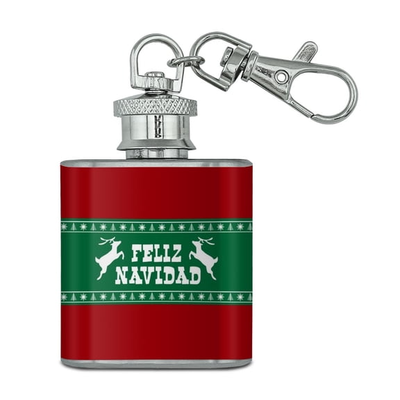 Feliz Navidad with Deer Merry Christmas Stainless Steel 1oz Mini Flask Key Chain