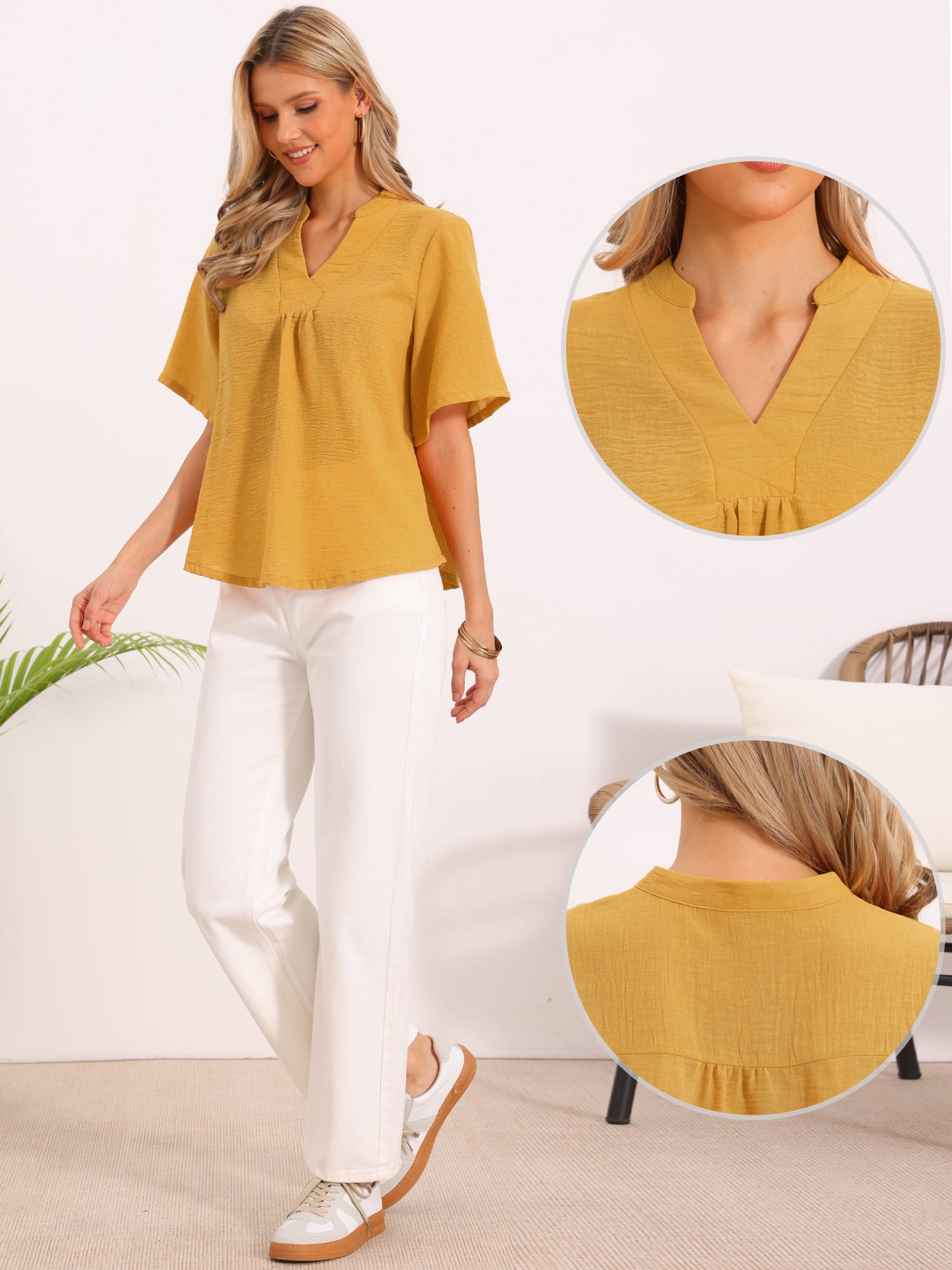 DARING DIVA Women's Short Sleeve Blouses V Neck Dressy Casual Solid Tops S Yellow