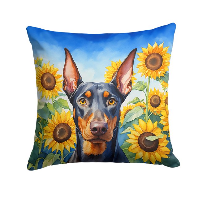 Coussin Décoratif Doberman Pinscher aux Tournesols