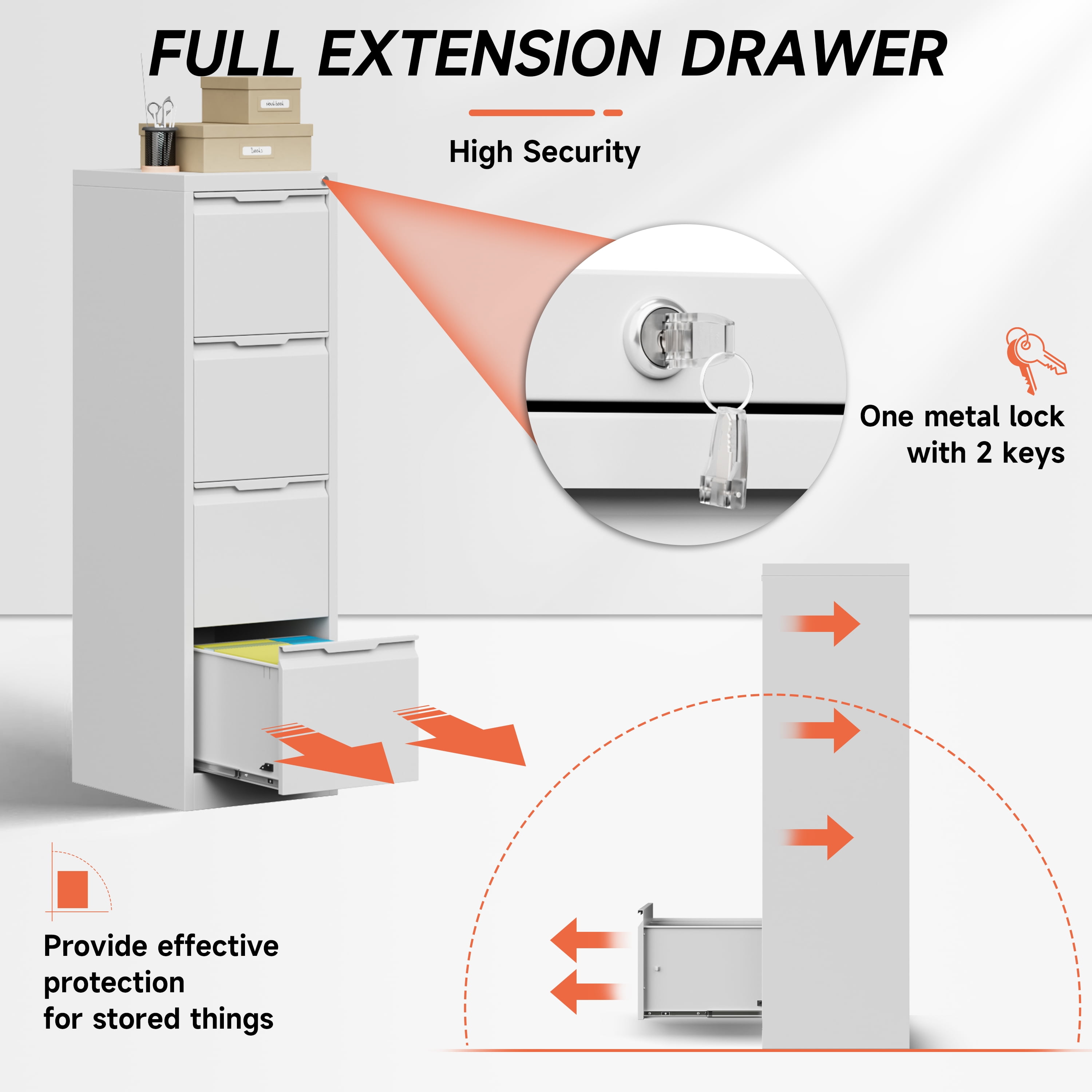 Kooyon 4 Drawer Vertical File Cabinet with Lock, White Metal Filing Cabinet, 17.8" Deep, Fits A4/Letter/Legal, Home Office -Assembly Required