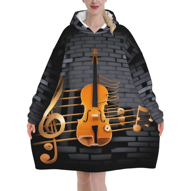 Note Guitar Print Oversized Blanket Hoodie, Wearable Blanket Adult For Women Men And Teenager, Super Soft Warm Flannel Fluffy Hooded Blankets Sweatshirt With Big Pocket