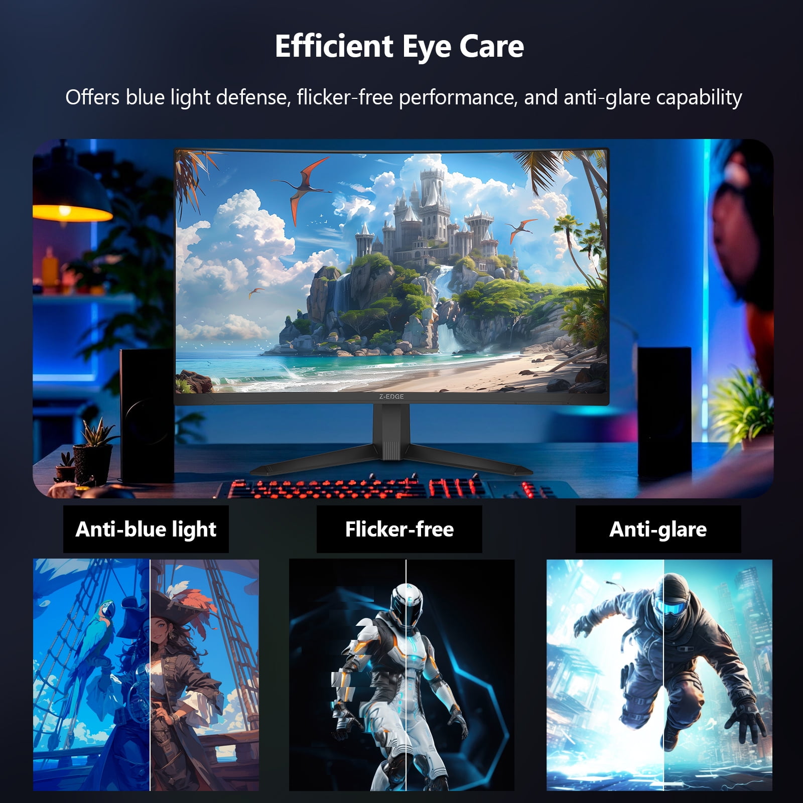 Z-EDGE 27 Inch 300Hz Curved Gaming Monitor, FHD 1080P VA Display, 1ms MPRT, AMD FreeSync, HDR Support, VESA Mount Compatible, Black