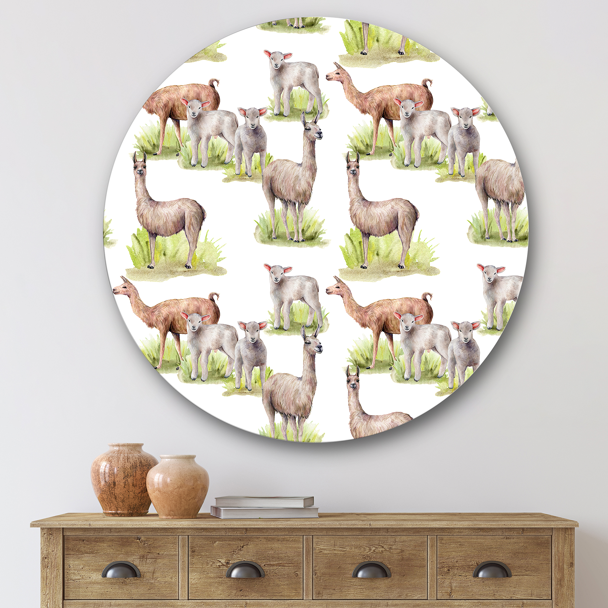 Designart 'Lambs and Lamas On A Green Meadow' Farmhouse Circle Metal Wall Art 36x36 - Disc of 36