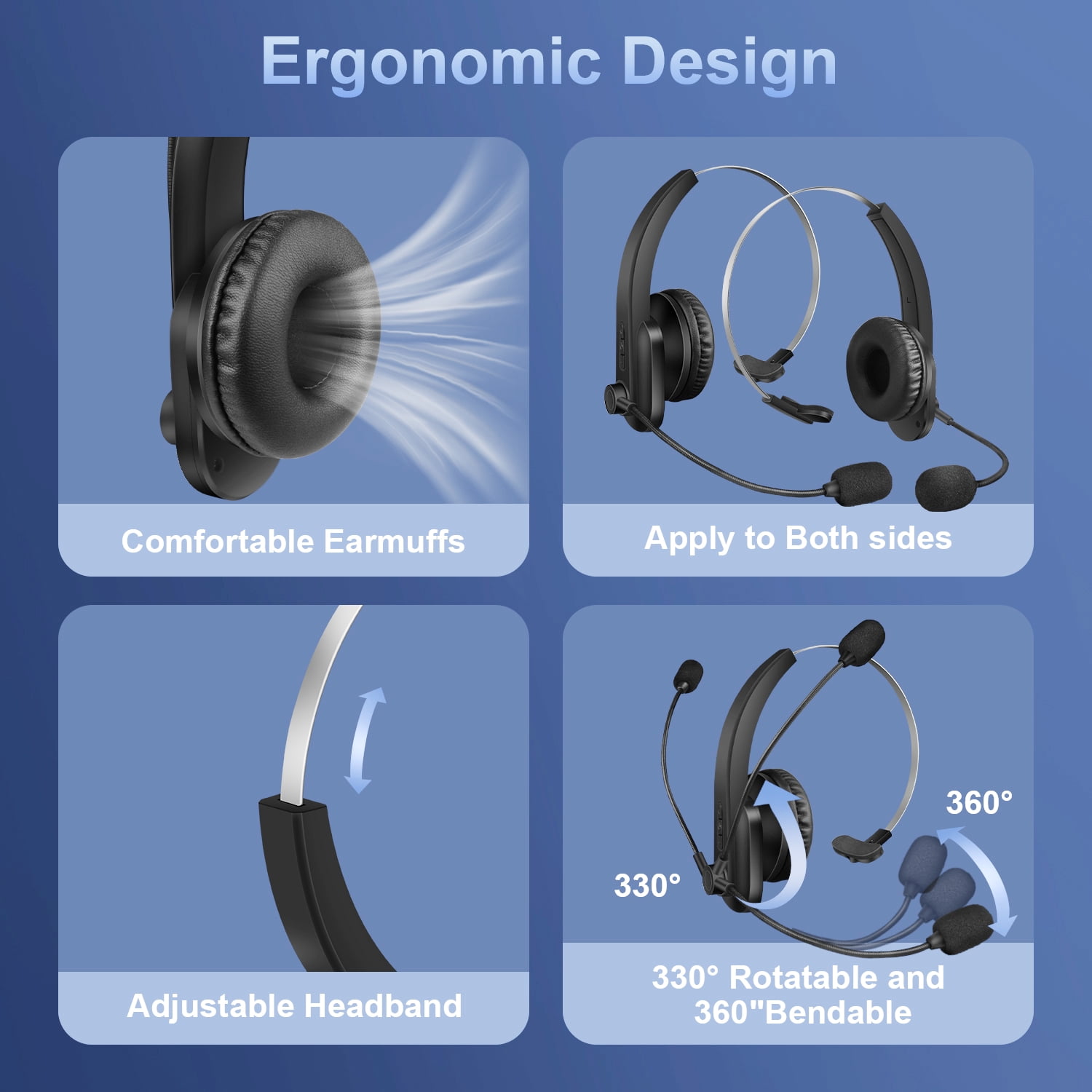ABCPOW Trucker V5.4 Bluetooth Headset with Microphone,Noise Cancelling,Mute Button&Charging Base,Wireless On-Ear Headphones 60Hrs Playtime Wireless Headset for Office PC/Work/Cell Phone/Call Center