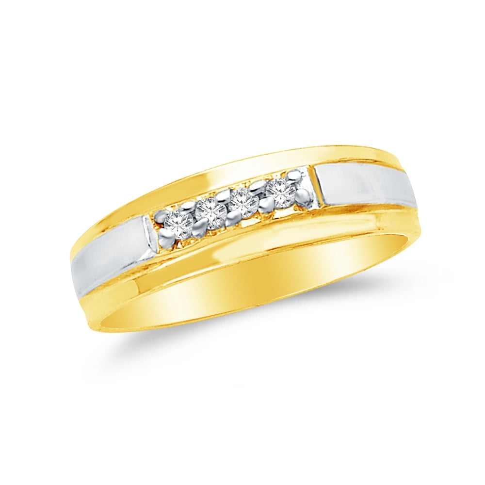 Mens Solid 14k Two 2 Tone White and Yellow Gold Wedding Band CZ Cubic Zirconia 0.1 ct.