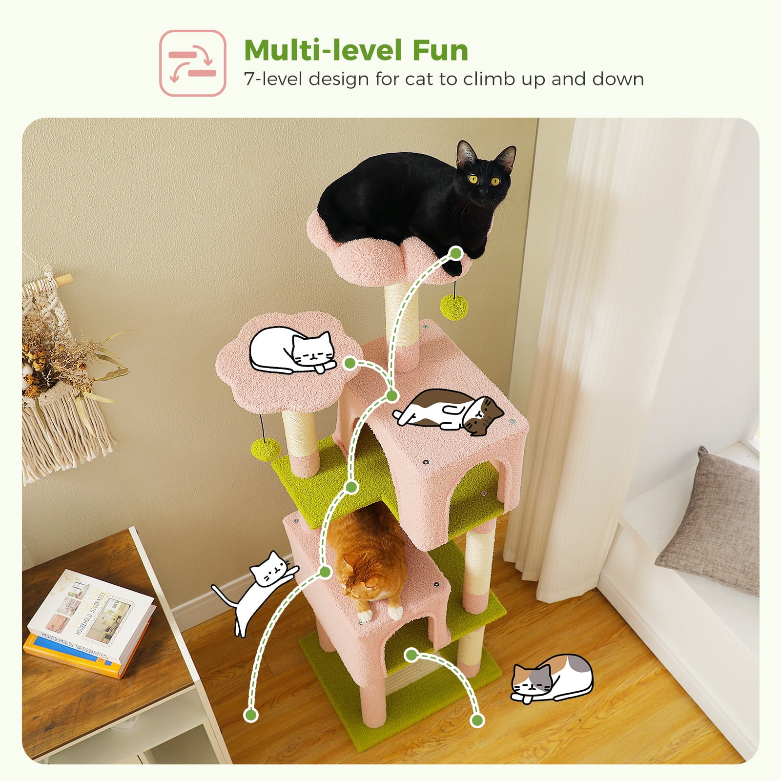 Kadyn 62" Modern Cat Tree Tower for Indoor Cats with Scratching Posts, Cozy Cat Condo and Top Perch, Dangling Ball for Small Medium, Pink