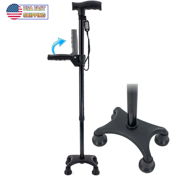 Walking Stick Cane Quad Four Prong Base, Adjustable Dual Handle, Self Standing